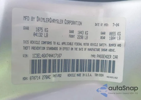 2004 Chrysler Sebring из США, поврежденный, VIN 1C3EL46X74N417167